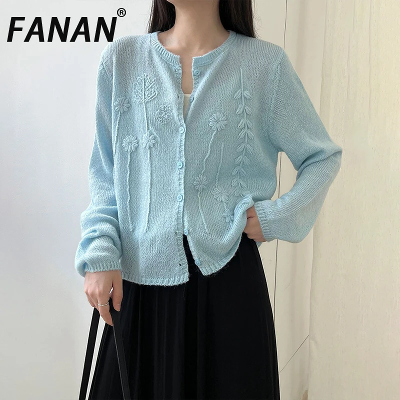 

FANAN элегантный дизайн с вышивкой, шерстяной вязаный свитер для женщин, однобортный однобортный женский топ с круглым вырезом, новинка осени 2023 г.