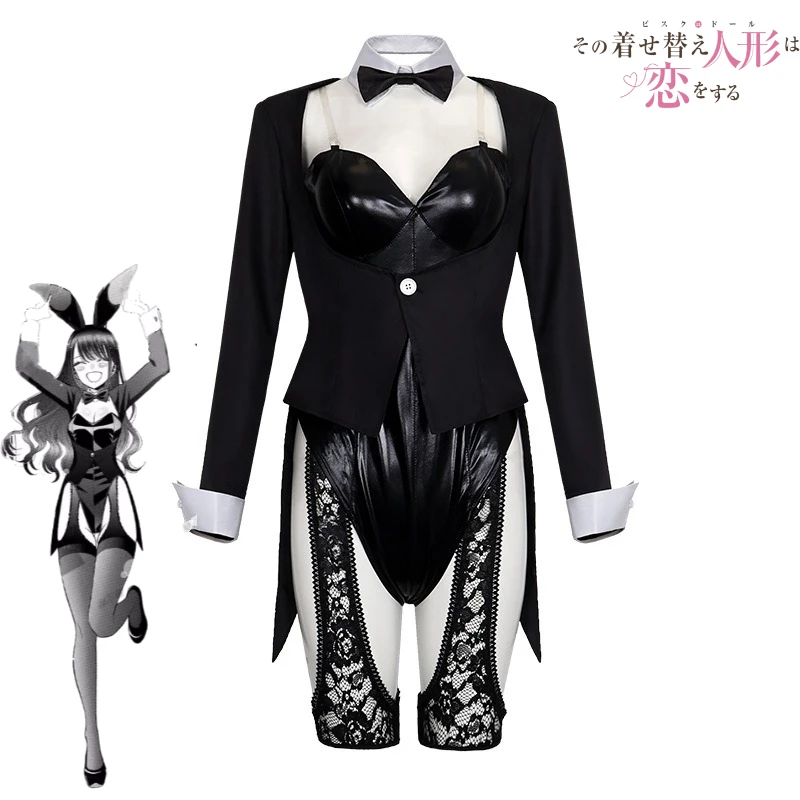 My Dress-Up Darling Cosplay Costume Kitagawa Marin Bunny Girl Sexy Black Leather Bodysuit Wig Bunny Ear Hair Clips Set Comic Con
