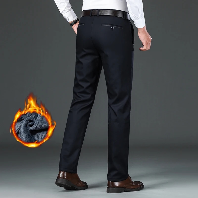 Pantalones informales gruesos de lana para hombre, pantalones rectos de negocios a la moda, pantalones de marca de lana, pantalones holgados y cálidos de felpa para hombre 29-42