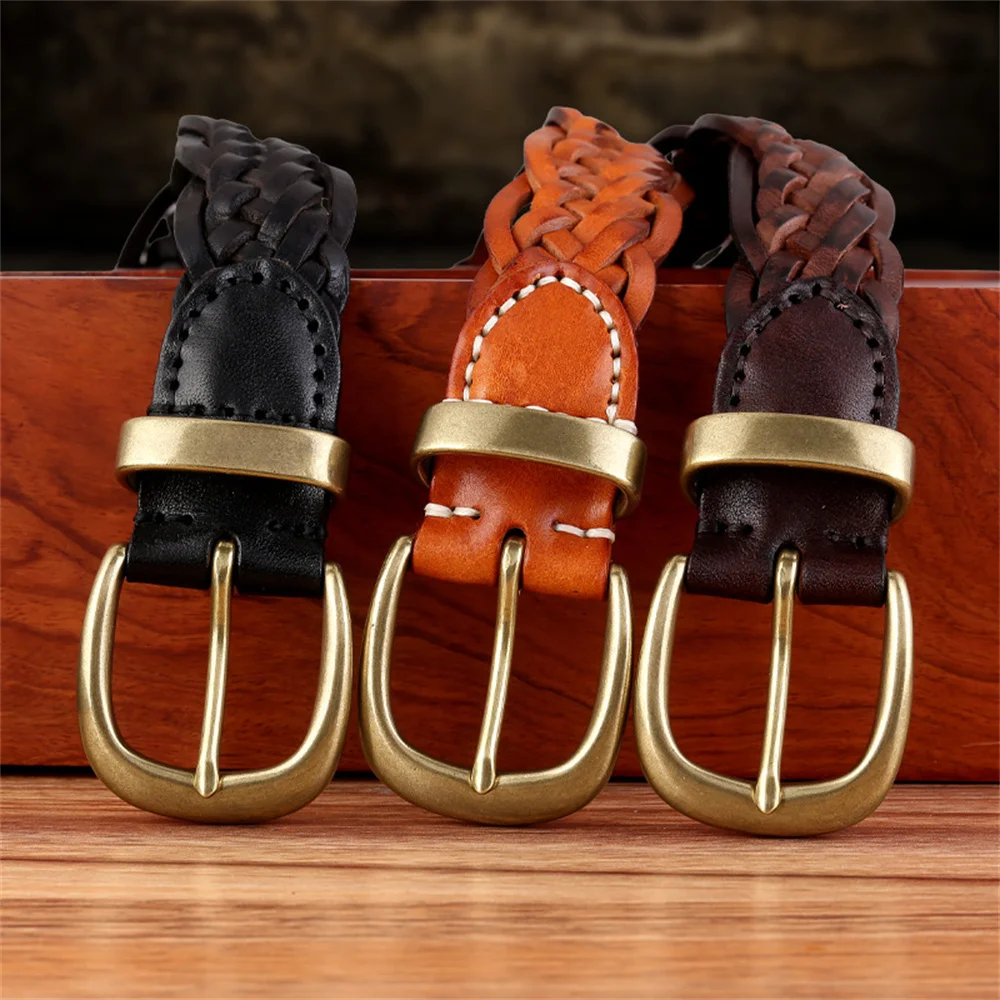 genuine-leather-hand-woven-belt-for-women-retro-pin-buckle-versatile-women's-adjustable-belt-korean-style-accessories-for-jeans