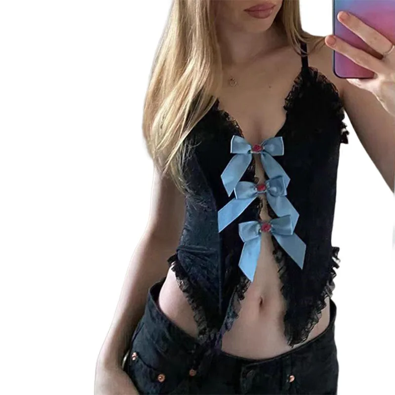 

Wind 2024 Spring New Women's Sexy Hot Girl Bow Lace Hollow Strap Small Tank Top