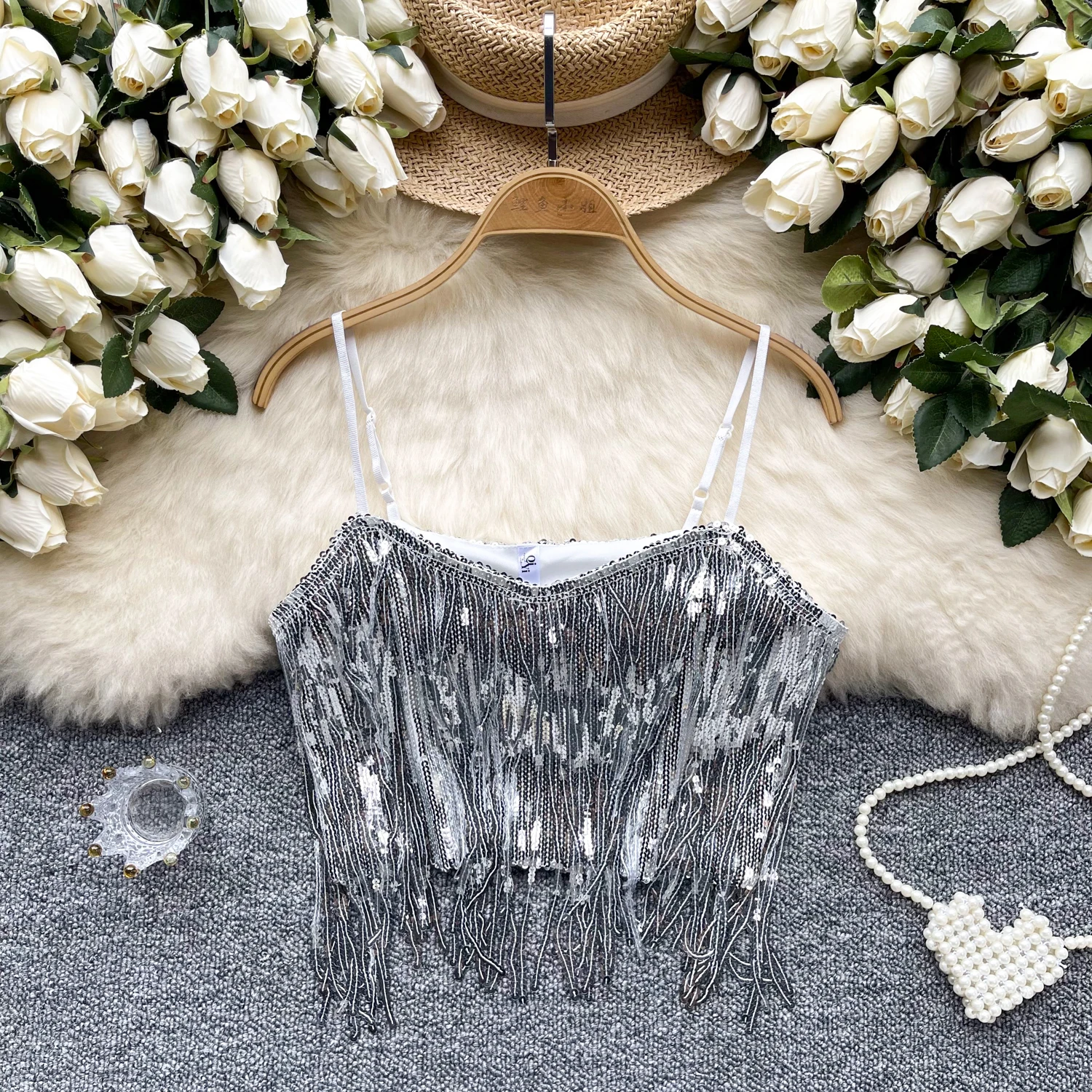 Sexy vintage new Tassels sequin top Set with Chic Crop Tops Women Fashion summer sweet Sling Top