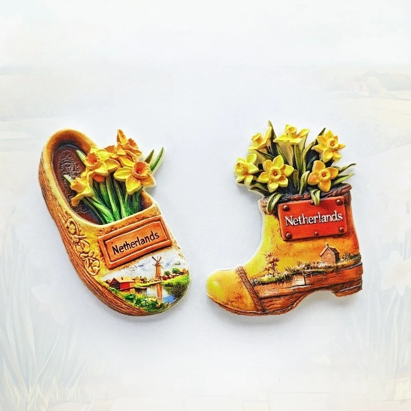 Netherlands Tulip Fridge Magnet - Picturesque 3D Clog & Flower Souvenir Unique Dutch Countryside Gift for Travel & Rustic Decor