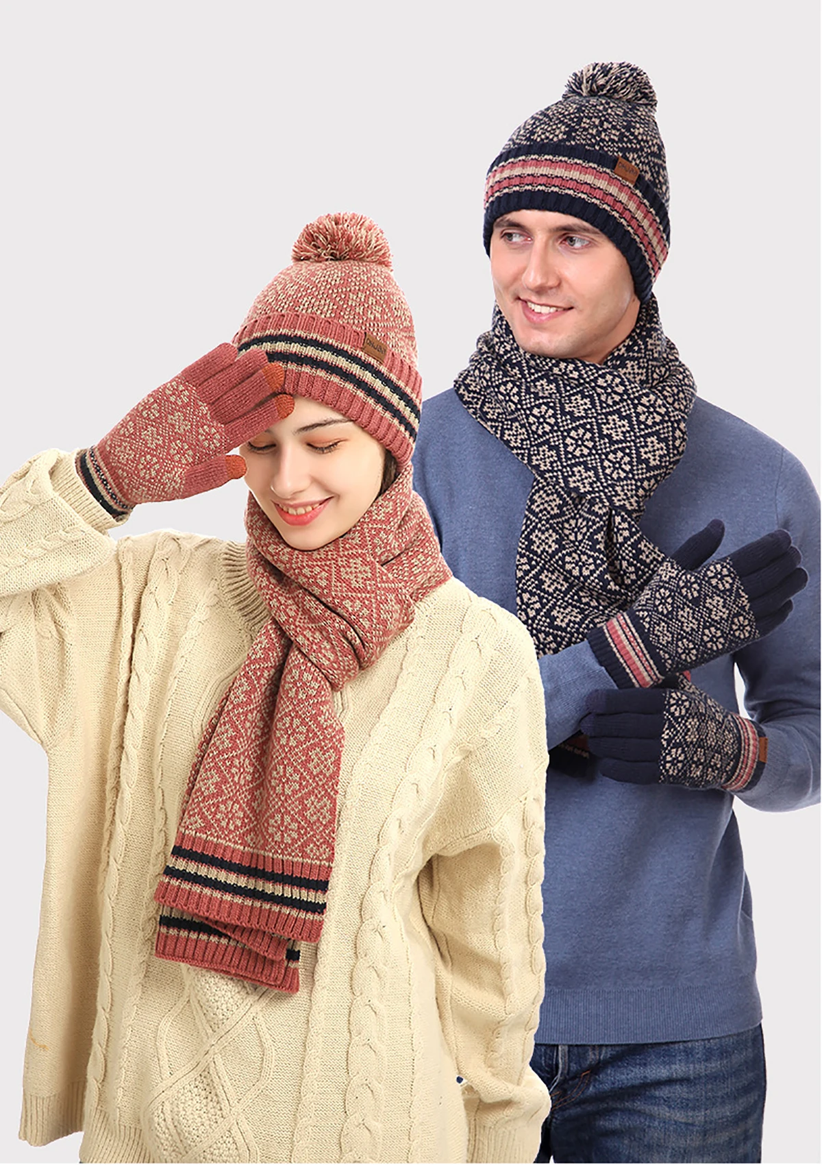 

Women's Winter Beanie Hat Scarf Gloves Set, Warm Fleece Knit Winter Hat with Pom Pom, Scarf & Touch Screen Gloves Set for Men