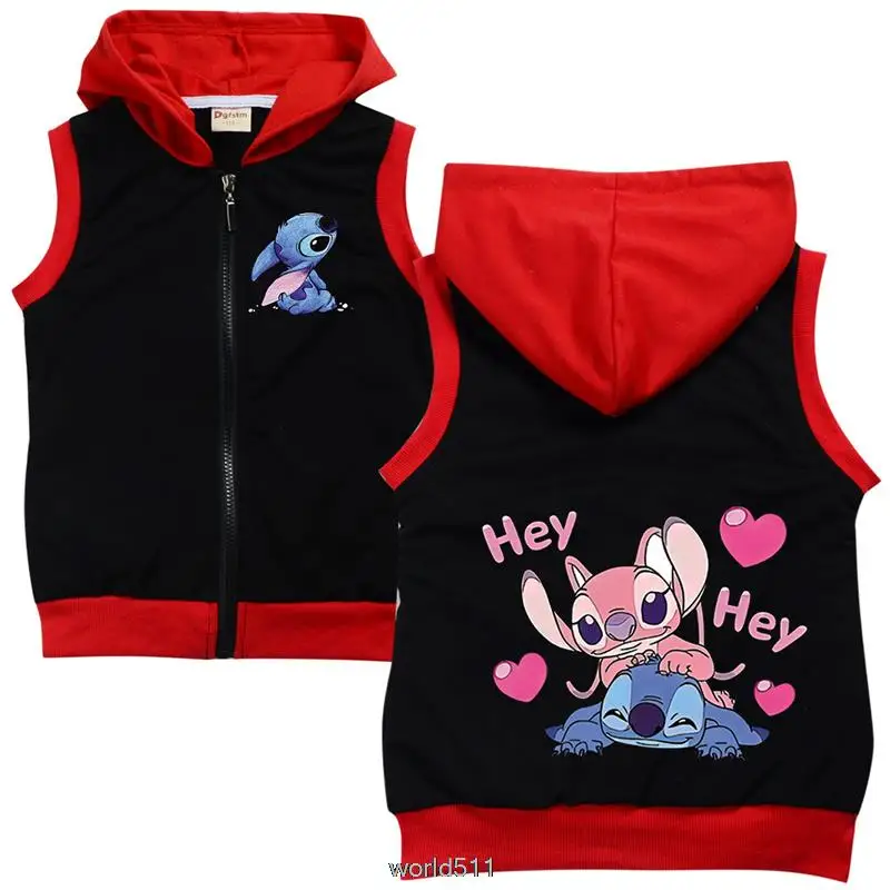 Disney Stitch Spring Autumn Vest Hoodies Cartoon Boys Girls Sweatshirts Children Casual Vest Hood Tops 100cm-170cm Height