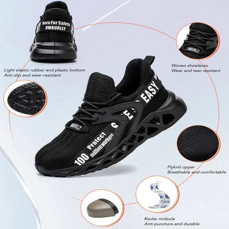 Waliantile Breathable Safety Shoes For Men Puncture Proof Anti-smashing Work Boots Male Steel Toe Indestructible Sneakers Shoes