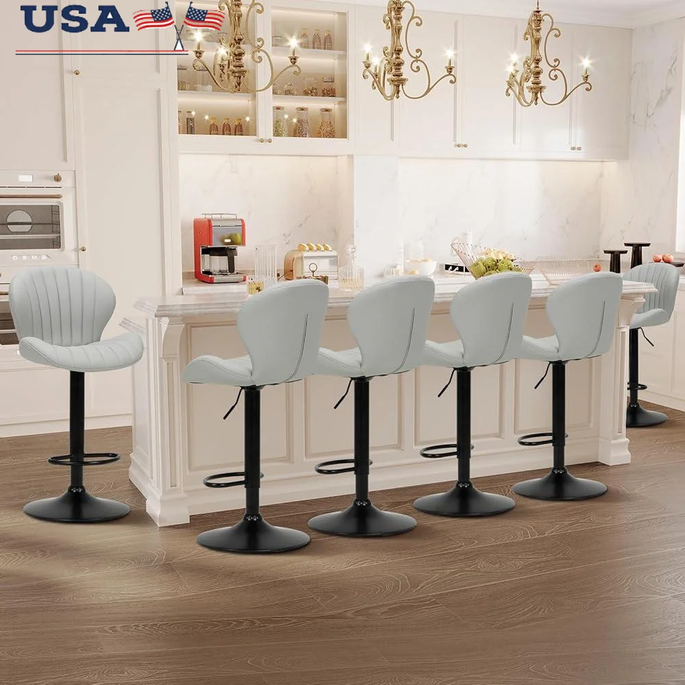 

Set of 6 Modern Adjustable Swivel Bar Stools Faux Leather High Back Ergonomic Design Comfortable Counter Height Chairs