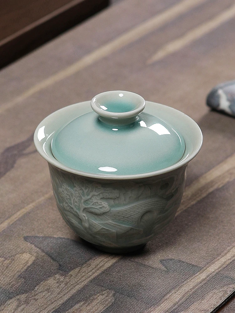 Handmade Blue Porcelain Ceramic Tea Cup with Lid Small Size Longquan Engraved Flower Design Gongfu Tea Set Vintage Chinese Style
