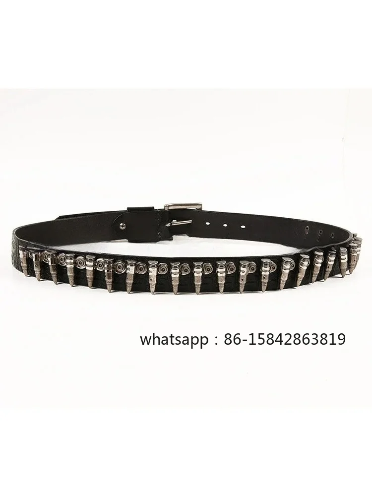 New Hip-hop Punk Rock Metal Bullet Inlaid Men's Top Layer Cowhide Belt, Personalized Decorative Leather Belt