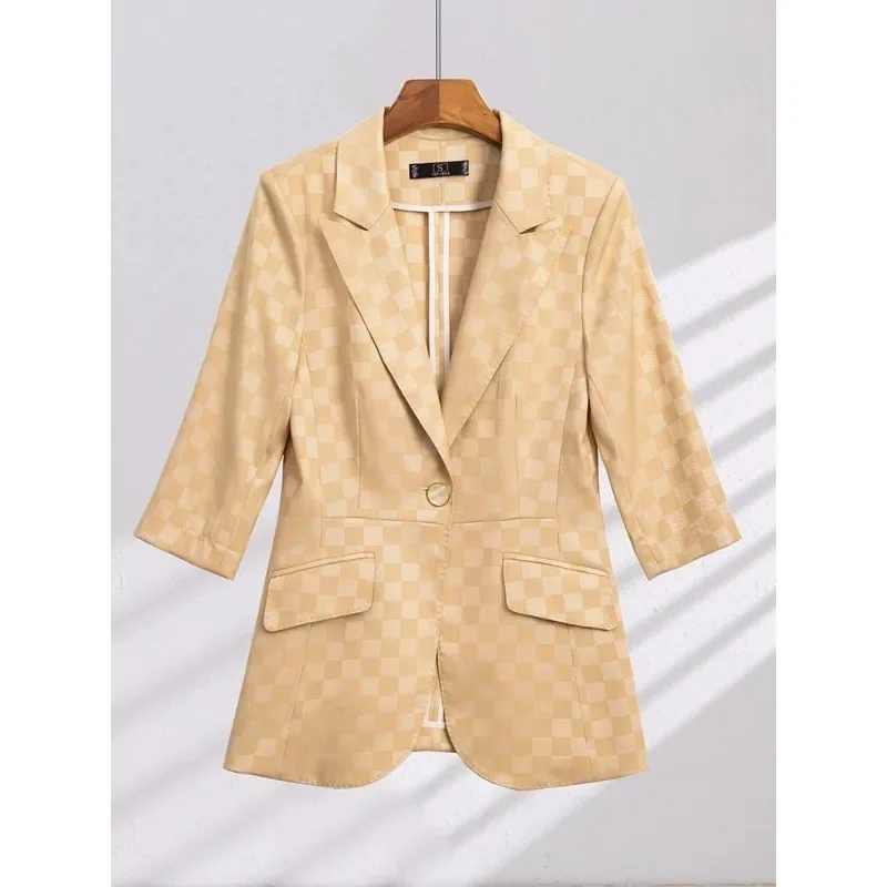 Summer Spring Fashion Women Blazer Ladies Apricot Black Blue Plaid Half Sleeve Female Business Work Wear Formal Jacket