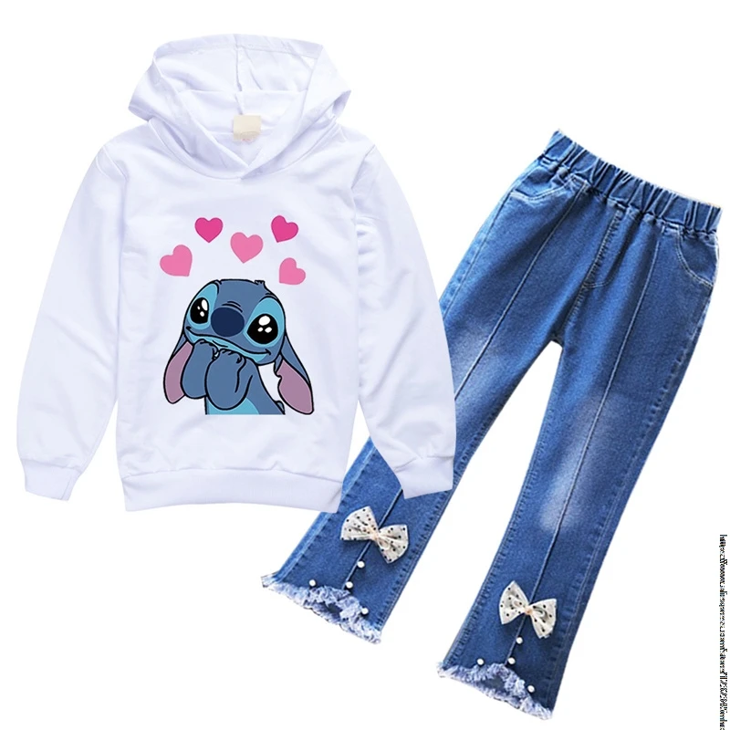 

New Lilo And Stitch Princess Teens Girls Outfits 2Pcs Halloween Outfits Hoodes Tops Sweatshirts + Elegant Sweet Jeans Pants Set