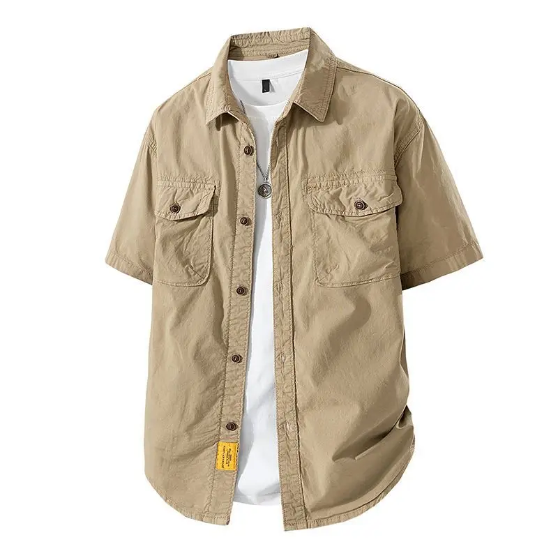 

Workwear shirt for men summer loose and casual short-sleeved men American retro lapel coat trendy brand outdoor wear