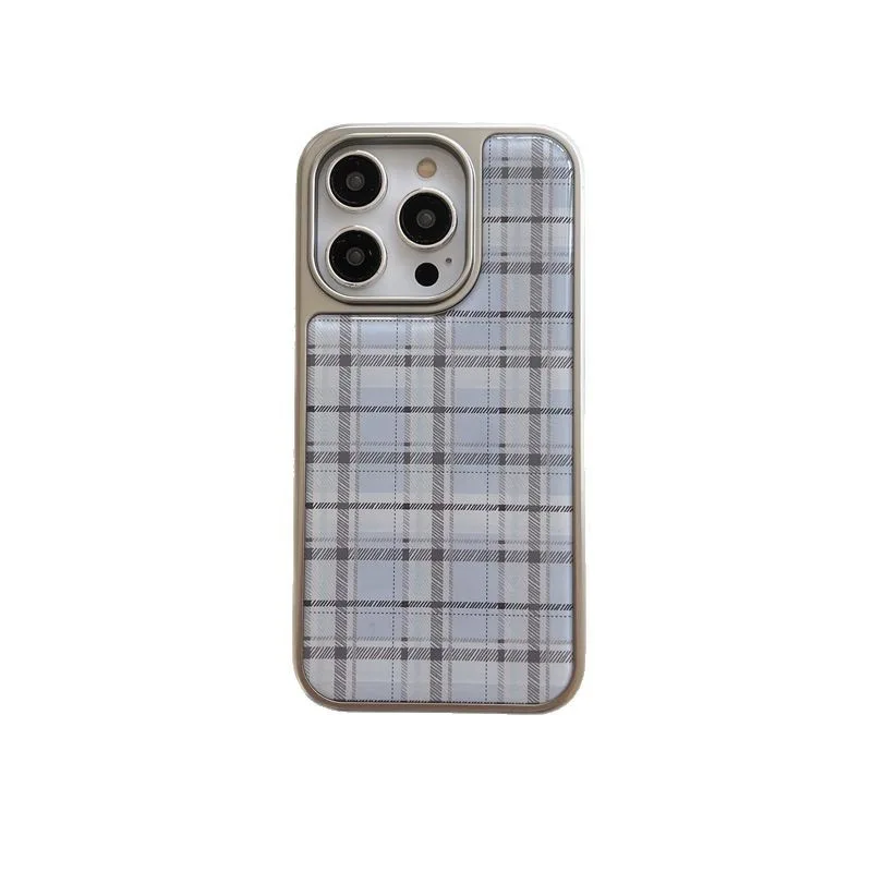 Korean Drop Glue Pink Blue Grid Pattern Plating Silver Border Phone Case for iPhone 16 15 14 13 Pro Max Shockproof Cover