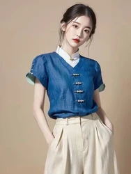 Chinese Style Blouses Short Sleeve Fake Two Piece Contrast Color Summer Shirts Design Summer Fashion Elegant Women Clothing 2024