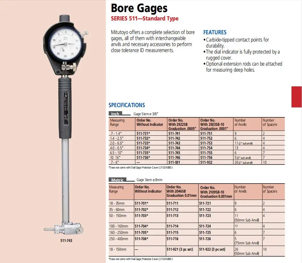 Imagem -03 - Mitutoyo Bore Gages Mitutoyo 511711-712 511-713 511-714 511-715 511-716 1835 mm 3560 mm 50150 mm 100-160 mm 165250 mm 255400 Milímetros 001 Milímetros