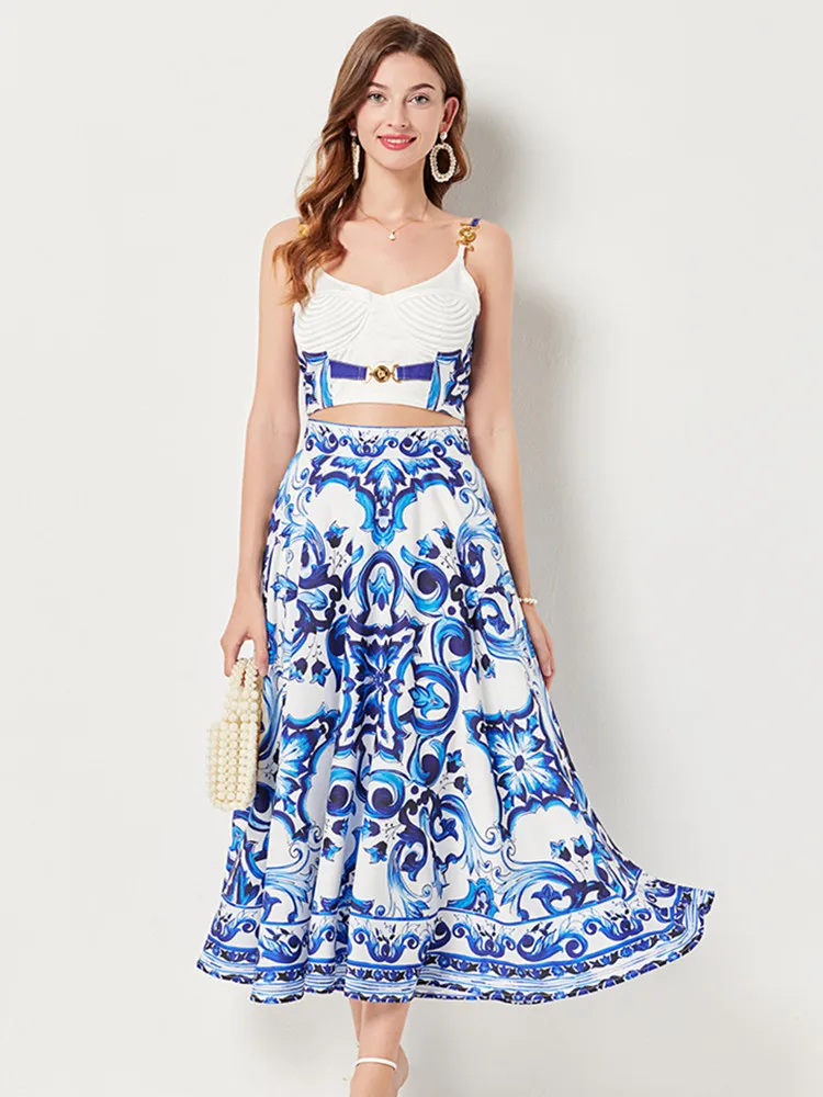 Autumn Holiday Blue And White Porcelain Print 2 Piece Set Women\'s Outfits Sexy Spaghetti Strap Padded Cup Top+Long Skirt Suits