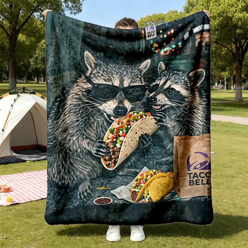 Raccoon Taco Comfy Blanket, Funny Raccoon Flannel Blanket, Vintage Flannel Throw, Cute Animal Taco Lover Gift