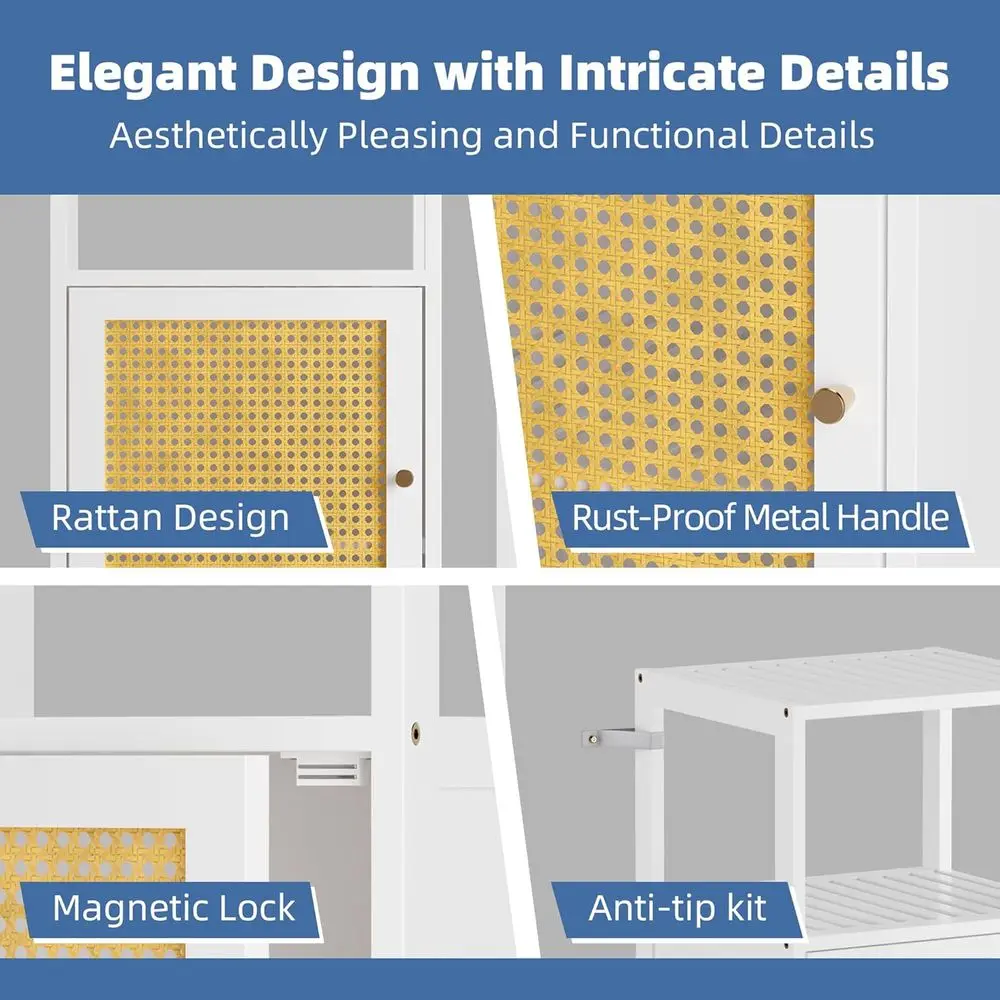 Armário de Banheiro de Bambu Branco Independente com Portas de Rattan para Espaços Pequenos