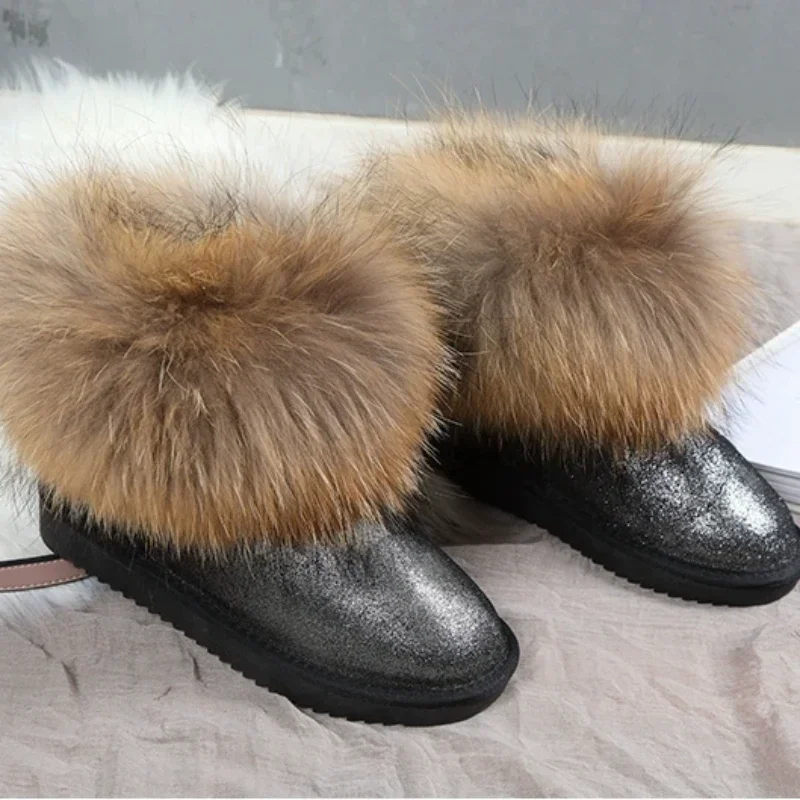 fox fur snow boots women\'s short boots winter genuine cowhide non-slip cotton shoes