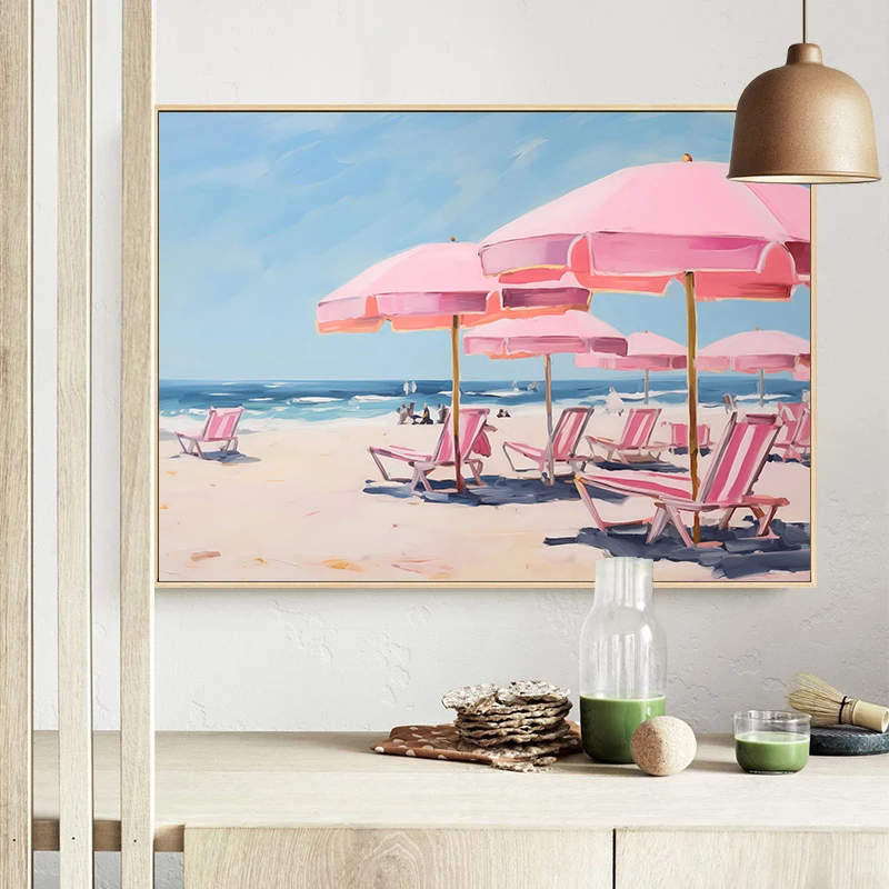 الصيف البحر السباحة المراكب الشراعية الساحلية الغروب الوردي مظلة الشاطئ اللوحة على قماش طباعة المشارك المناظر البحرية جدار ديكور المنزل كوادروس
