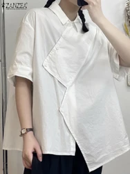 ZANZEA Casual Irregular Buttons Shirts Short Sleeve Streetwear Turn-Down Collar 2024 Summer Tops Women Fashion Solid Blouses