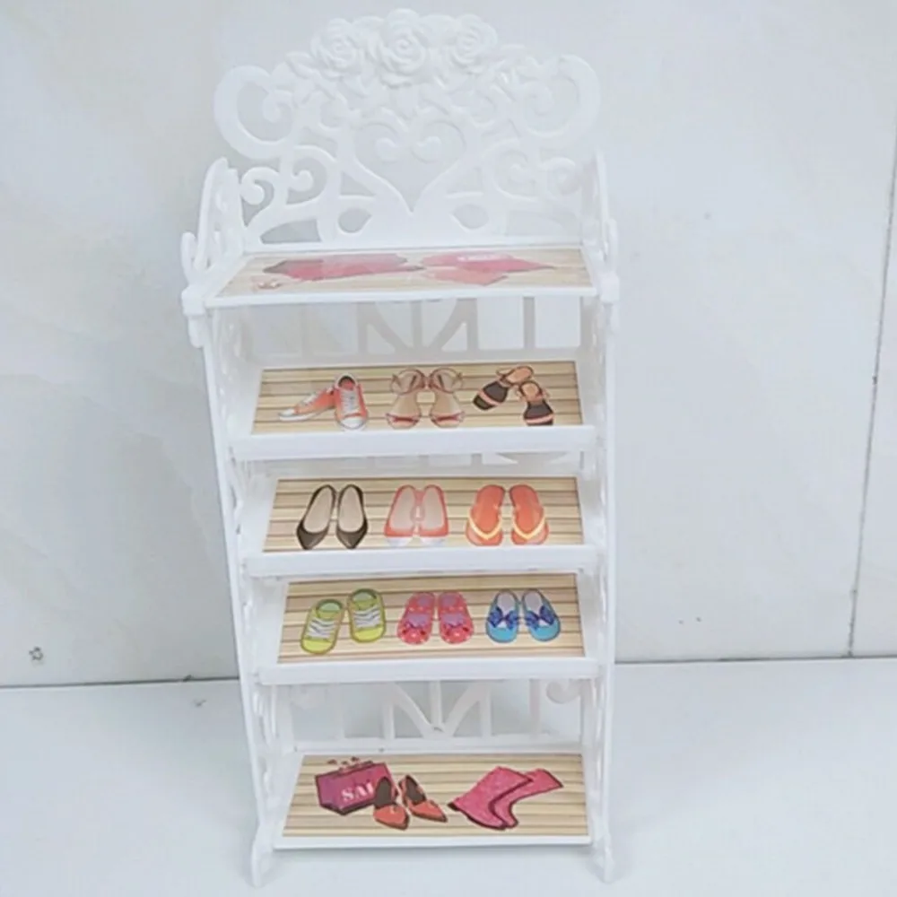 Plastic 5 Layers White Doll Shoes Rack / Random 12 Pairs Shoes Dollhouse Furniture Accessories for Barbie Doll Kids Toy - view 3