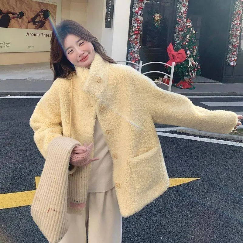 

Women's Cotton Padded Jacket Outdoor Daily Wear Autumn Winter Faux Fur Short Stand Collar Lamb New Loose Fit Korean Style Coat
