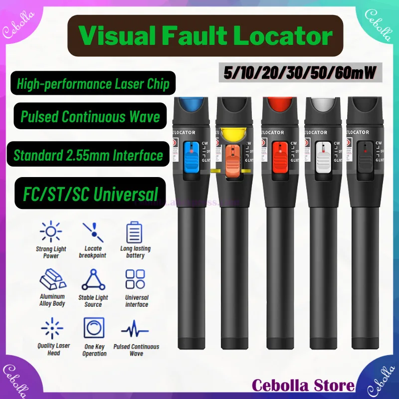 

Fiber Optic Cable Tester Pen 10/20/30/50/60mw 3-45Km Range Visual Fault Locator 2.5mm SC/FC/ST Interface VFL