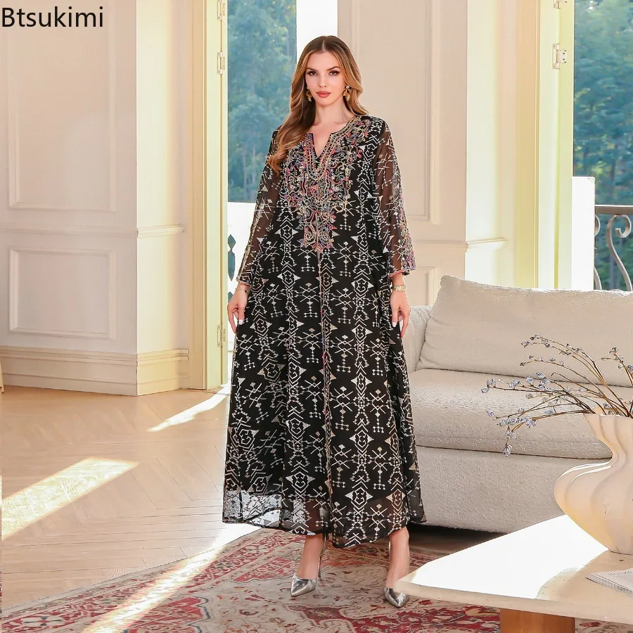 

New Women Muslim Abayas Mesh Embroidery Evening Dresses Largos Caftan Jalabiya Dubai Kaftan Ramadan Morocco Robe Elegant Femme