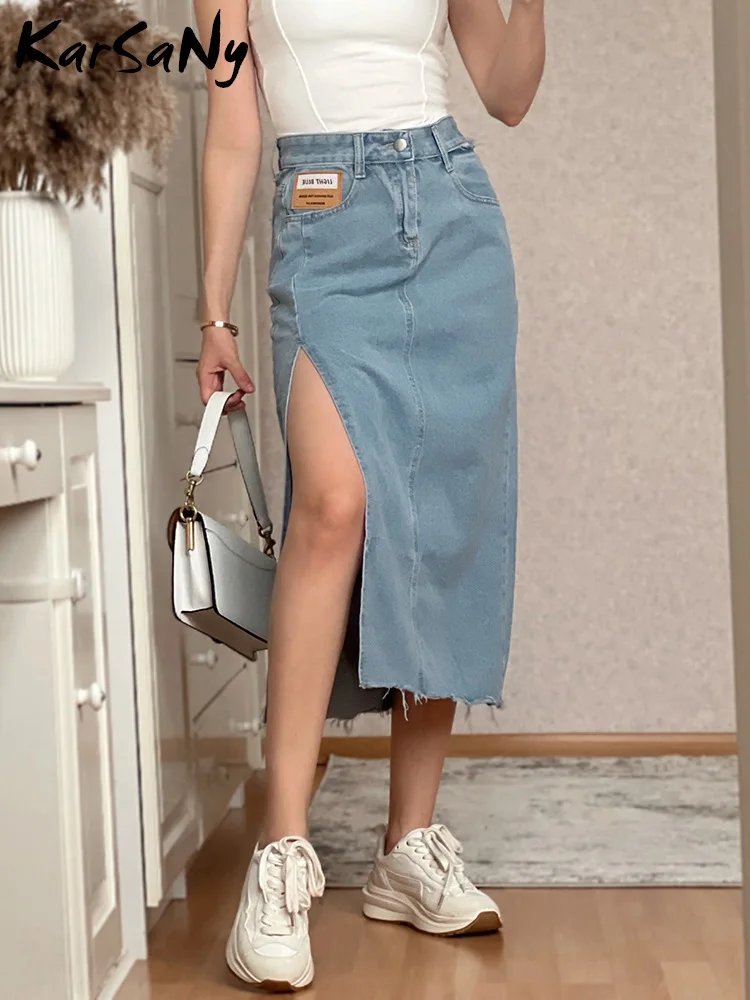 KarSaNy Casual Jeans Skirts Womens 2023 Side Slit Sexy Long Denim Skirt High Waist Summer Vintage A Line Skirts For Women Denim