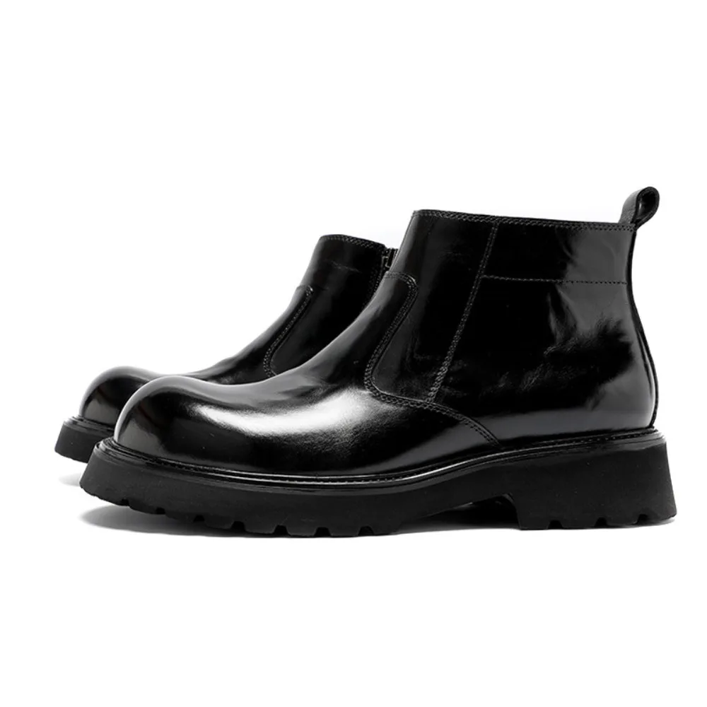 Genuine Leather Boots for Men Fleece Optional Full Grain Cowhide Hand Grained Zipper Big Toe Cap Men Short Ankle Boots
