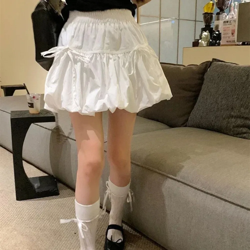 Cute Polyester Bubble Skirt High Waist Cut Bow Decorated Bow Half Skirt Bud Shape Hem Puffy Silhouette High Waist Skirt Women