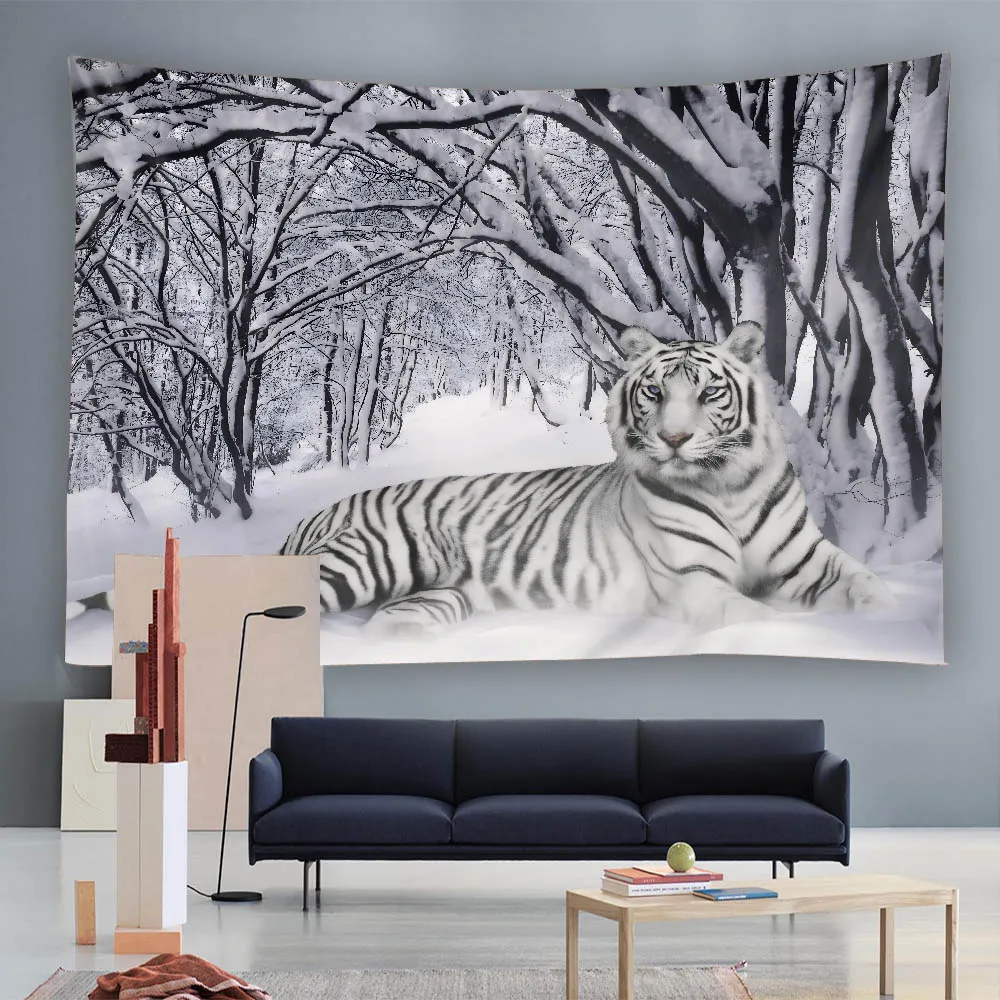 Dreamy Forest White Tiger Tapestry Snow View Living Room Sofa Oil Painting Style Children's Room Story Wall Background Cloth