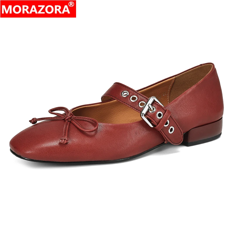 MORAZORA 2024 New Fashion Genuine Leather Shoes Women Mary Janes Low Heels Solid Color Ladies Office Daily Shoes Ladies Footwear