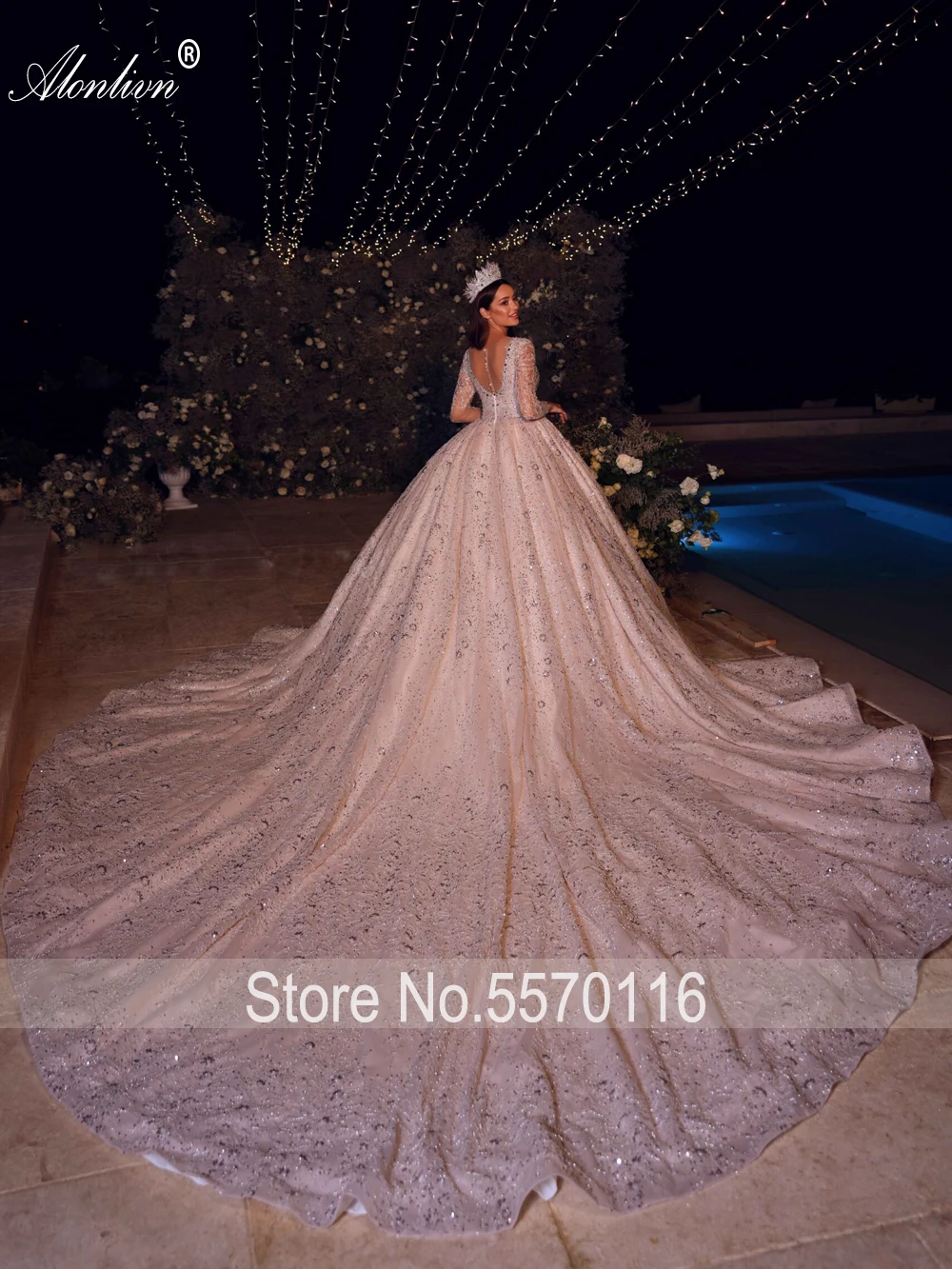 Alonlivn Exquisite Bling Embroidery Lace Wedding Dresses Full Sleeves Beading Crystals Sequined  V-Neck Vestido De Noiva