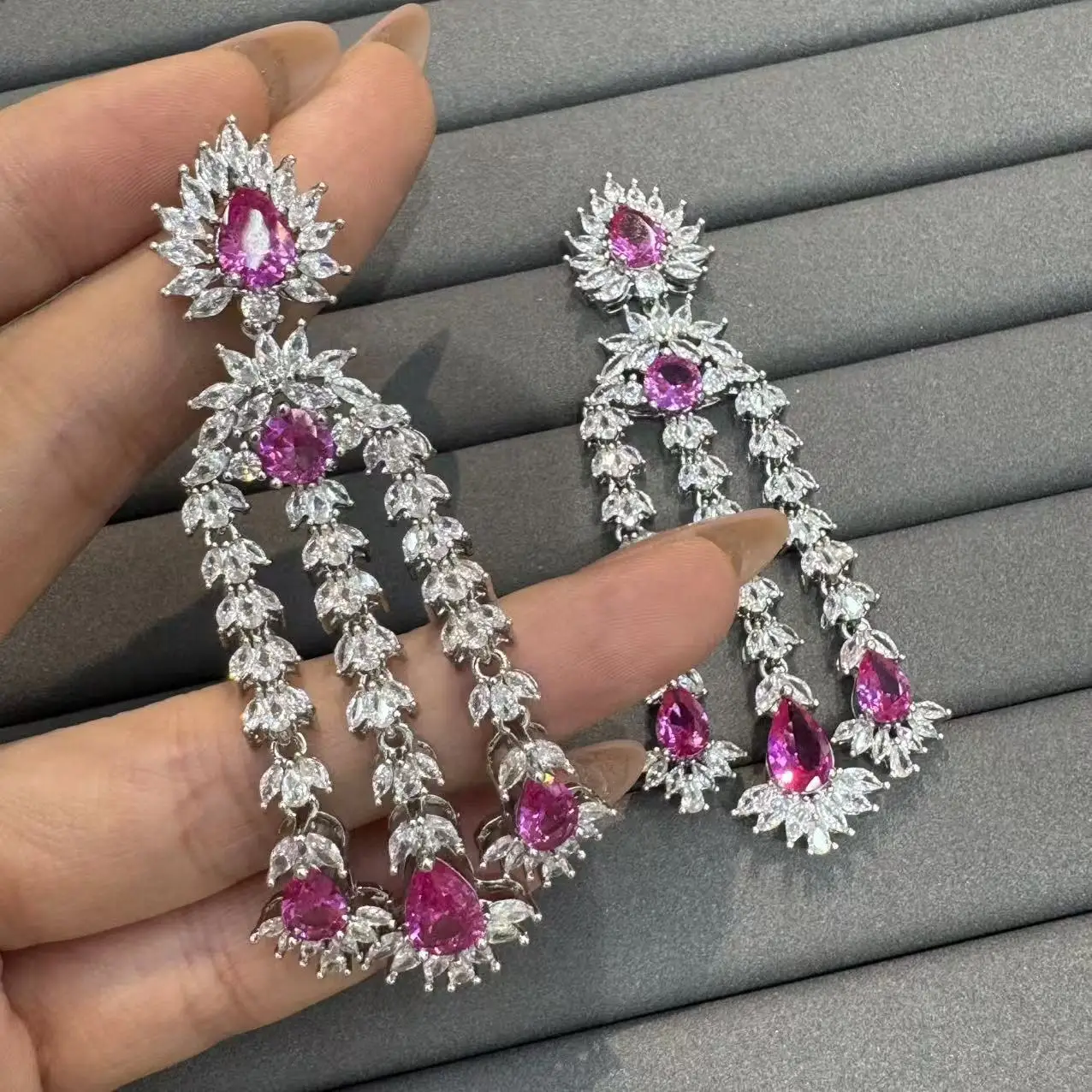 luxury jewelry women earrings zirconia fushia white purple leaf plant dangling earrings evening party shiny jewelry