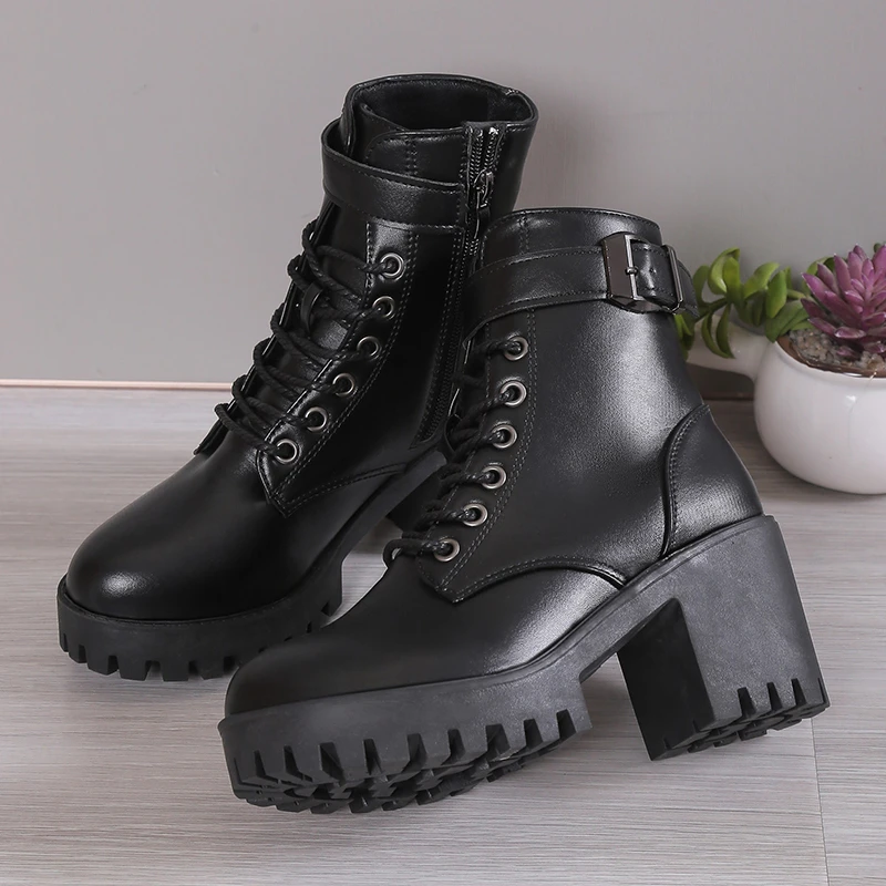 New Winter Lace-up Solid Color Warm Casual Non-slip High Heels Round Toe Fashion Side Zipper Square Heel Women's Boots image 6