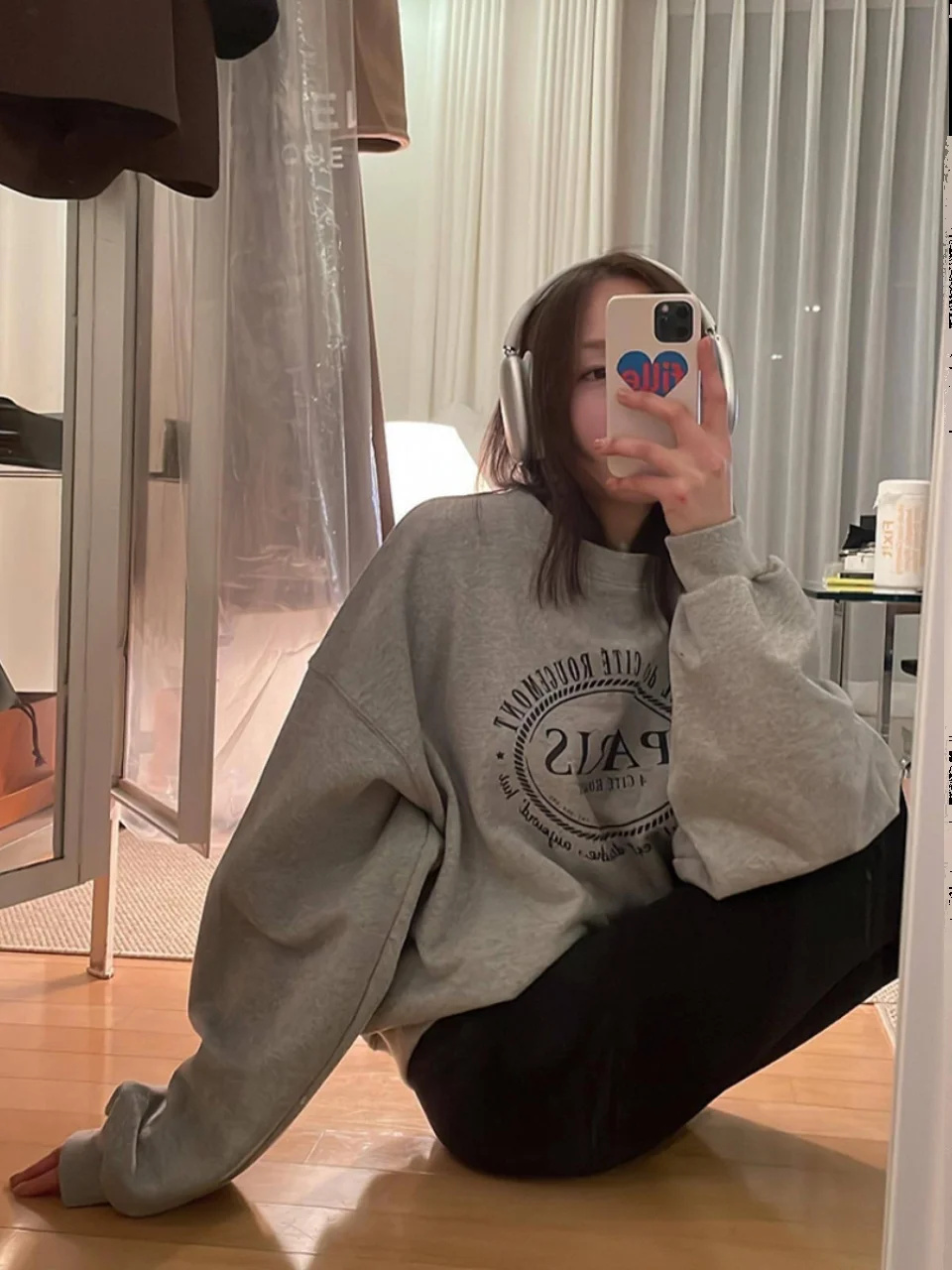 

Smoid Oversize Lazy Paris Style Retro Sweater Cotton Long Sleeve round Neck Embroidered Lettering Women's Comfortable Hoodie