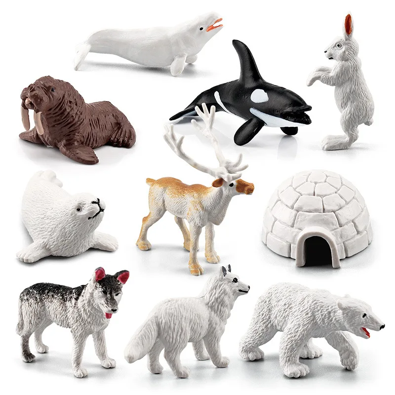 Realistische Eisbärtiere Modellfiguren Spielzeug Arktische Tierfiguren Eisbär Rentier Siegel Wolf Kaninchen Polarfuchs Iglu 10 Stück – Detail 2