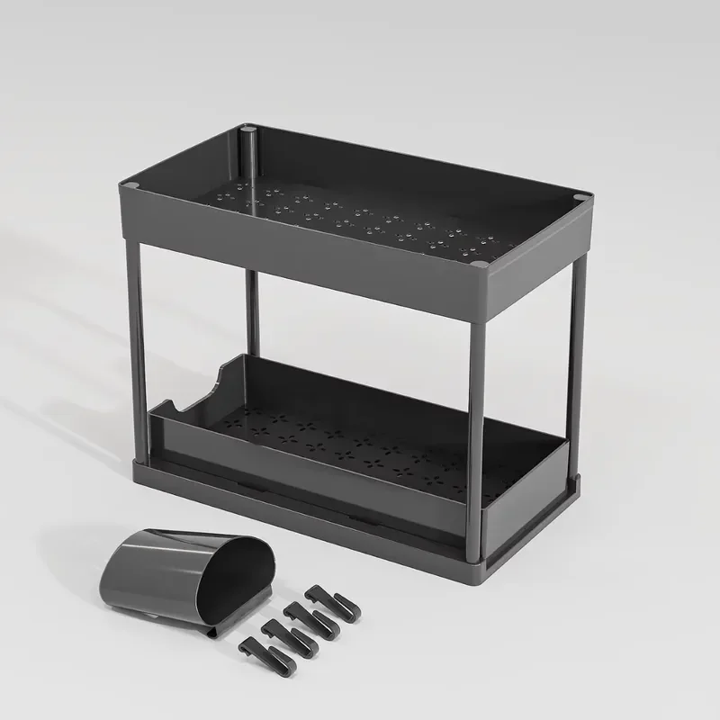 Space Saving Two Layer Sliding Sink Under Storage Rack Heavy Duty Metal with Hooks for Kitchen Bathroom Cabinets