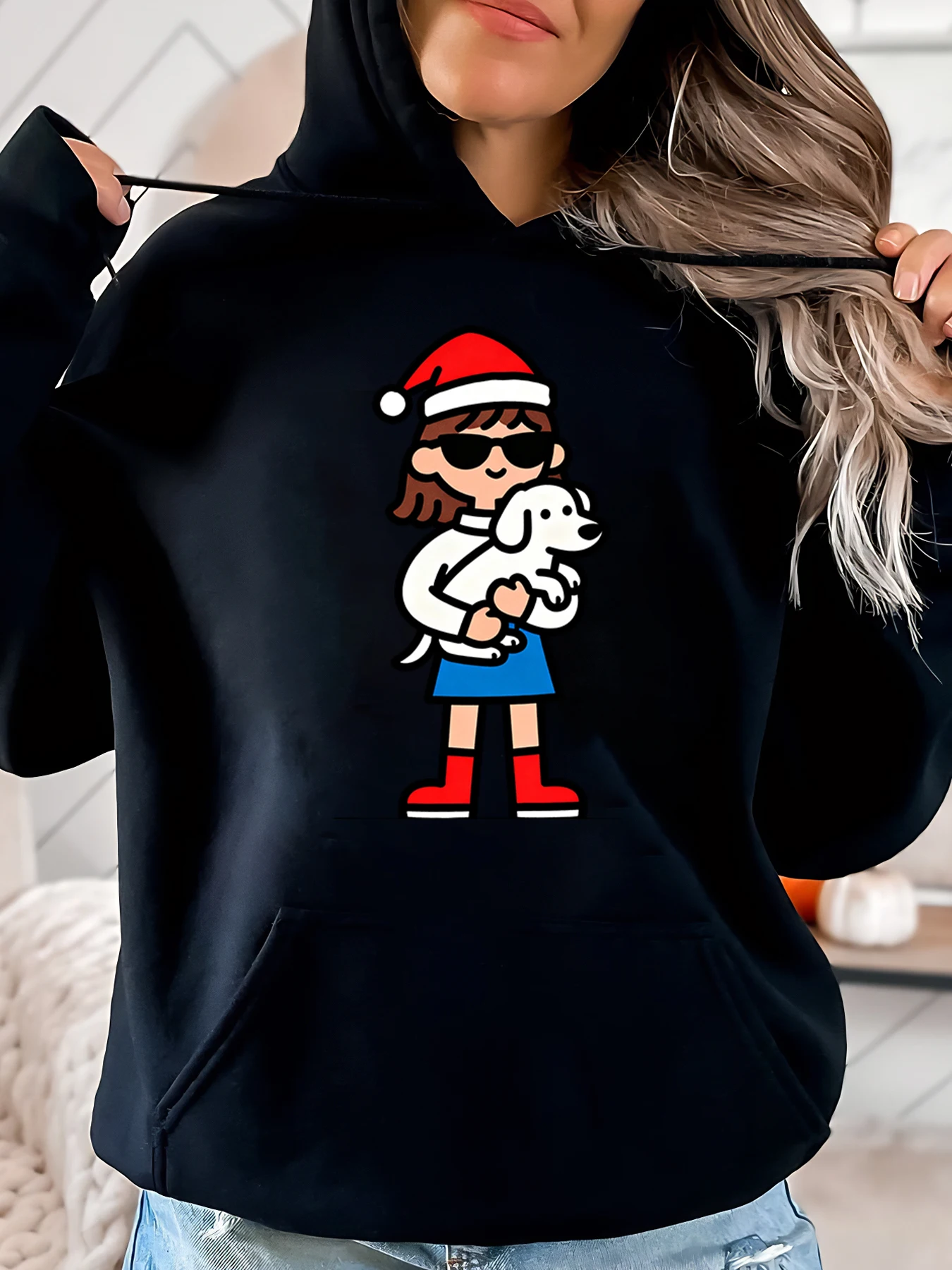 

Рождественская толстовка с капюшоном для девочек-девочек с собакой, женская повседневная праздничная одежда, черная, больших размеров