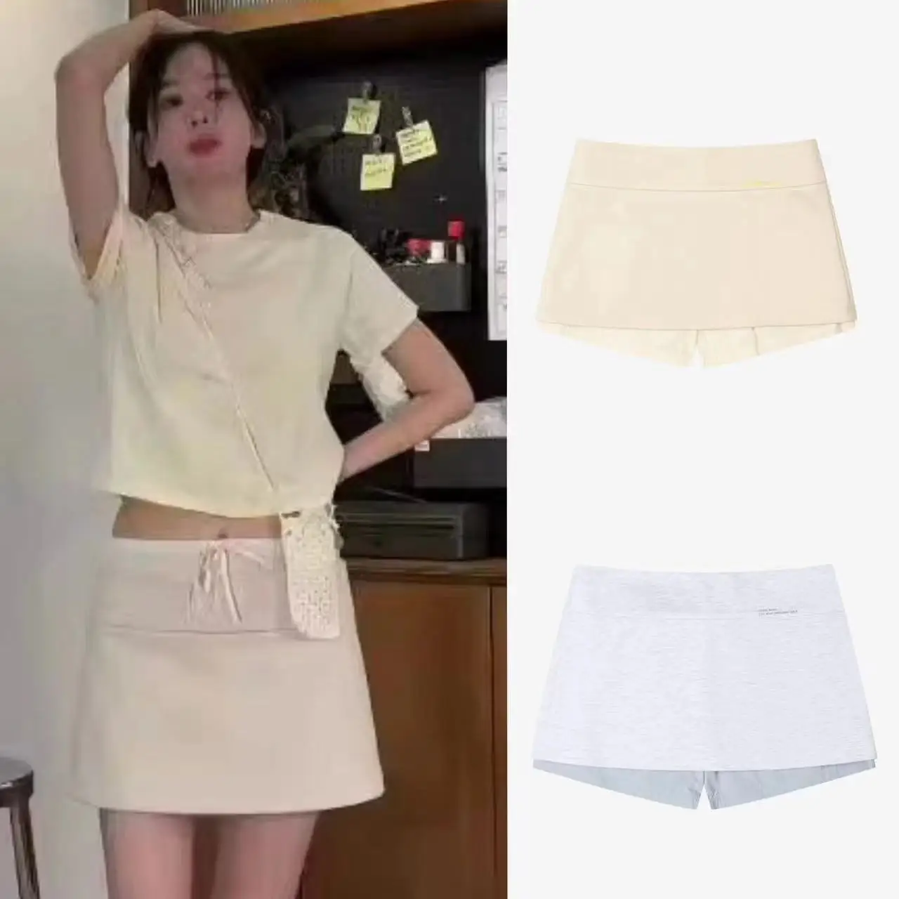 

Summer 2025 Two-Piece Set Skirt Pants Elastic Waist Slimming Versatile Simple Korean Sle High Waist ort Pure Color Skirt