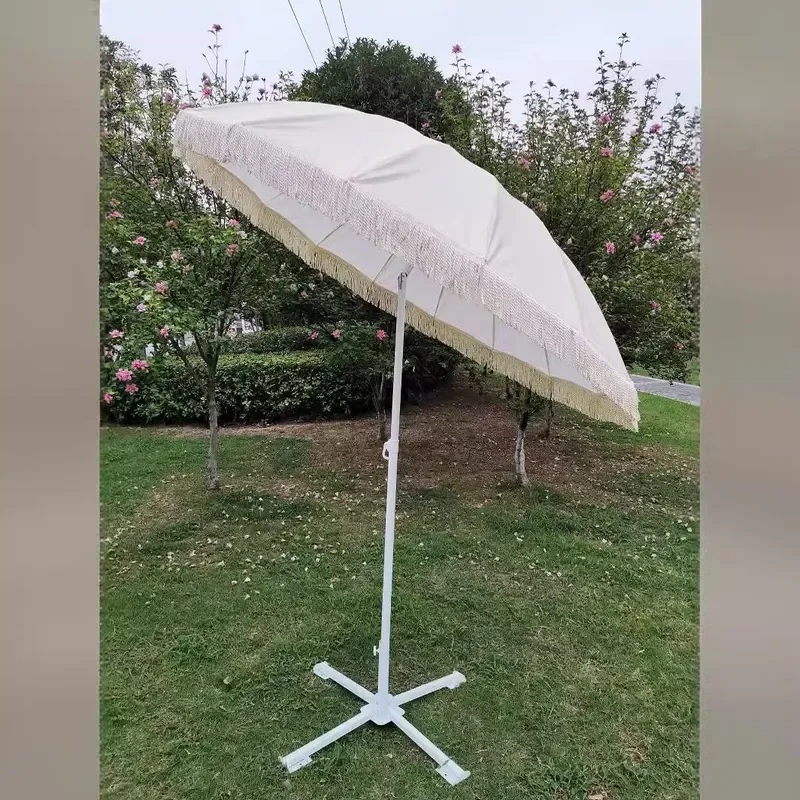 16K Outdoor Garden Umbrella White Woven Fringe Sunshade Steel Pipe Lace Parasol 2m Patio Beach Shade Cover for Summer