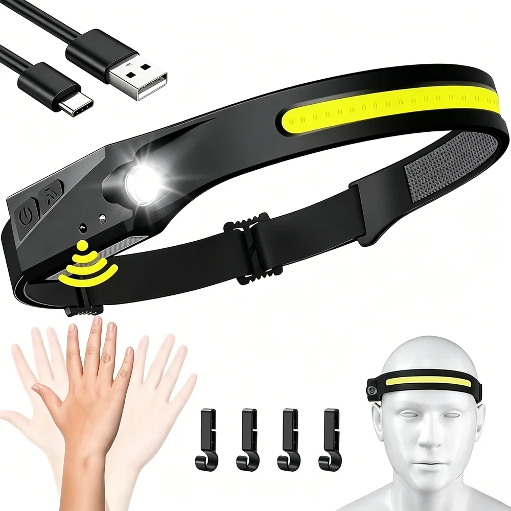 Sensor Headlamp LED Head Flashlight Rechargeable Headlight Head Torch Built-in Battery 5 Lighting Modes Fishing Camping Lantern