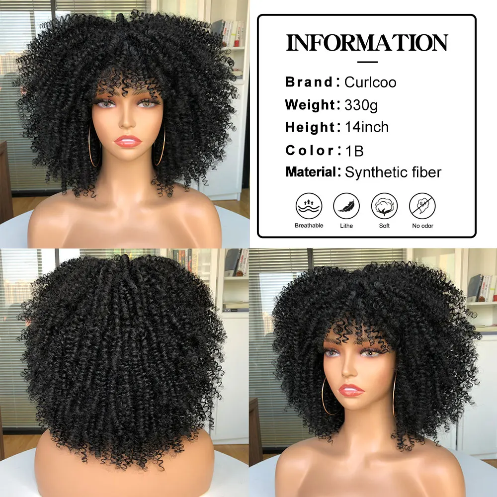 Peruca Curta Afro Kinky Curly com Franja para Mulheres Negras, Cosplay Sintético, Lolita, Ombre, Azul, Rosa, Vermelho