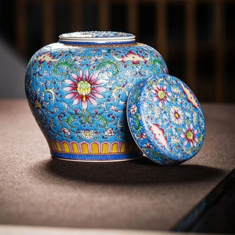 

Ceramic tea jar, tea set hand-painted enamel color, Difeng tail lotus tea jar porcelain jar