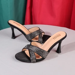 elegant ladies Slippers 2024 summer rhinestone high heel Luxury sandals woman fashion silk goods female slippers heel 8.5CM