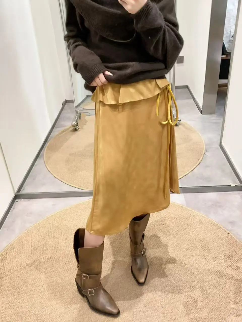 Withered Skirt Woman Clothing Faldas Skirts Retro Yellow Polka Dot Print Irregular Ruffle Edge Lace Up Skirt