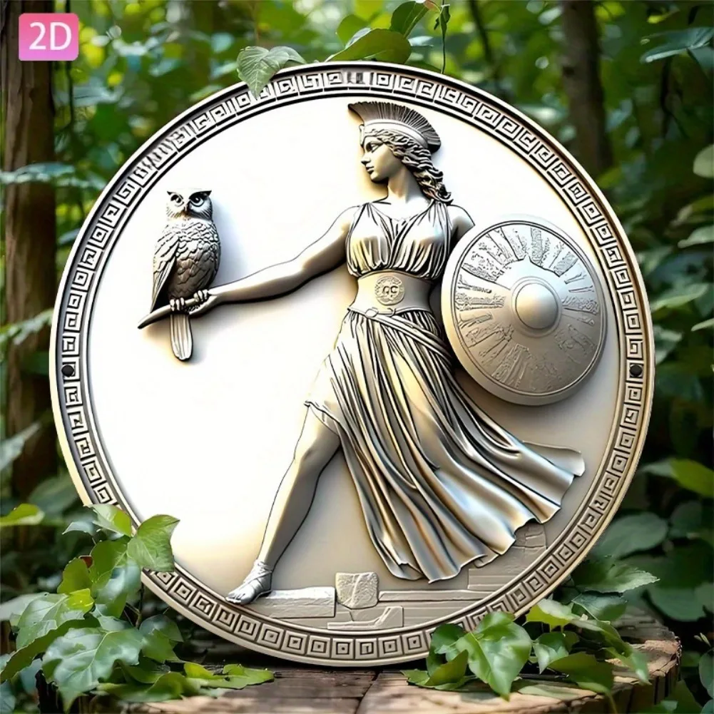مسطح ثنائي الأبعاد، قطعة واحدة من تمثال الآلهة اليونانية العتيقة مع درع البومة من الألومنيوم - لوحة زخرفية مستديرة مقاس 8 × 8 بوصة