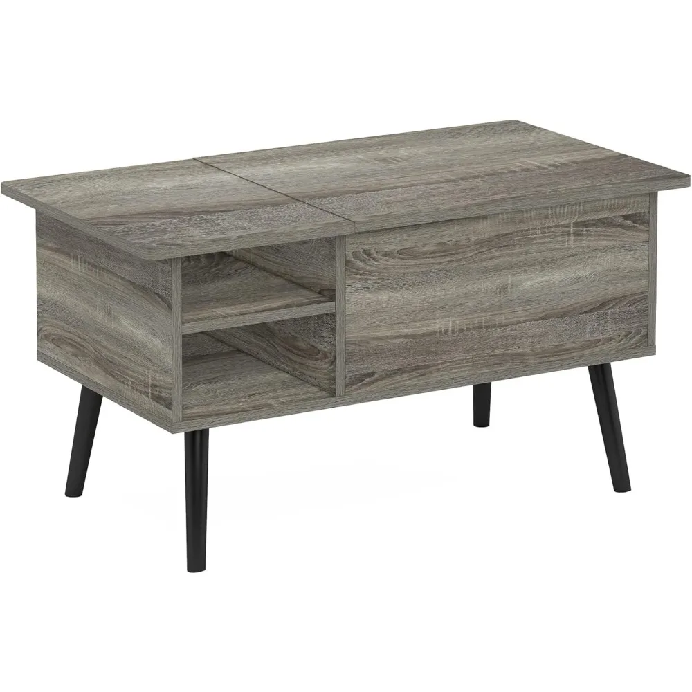 Table basse relevable en bois pour salon, compartiment GNE, étagère de rangement ouverte sur le côté, gris chêne français